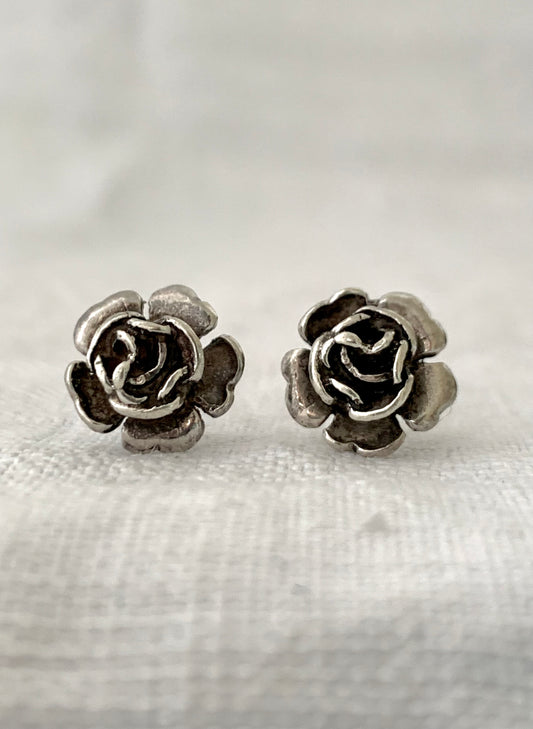 .925 1970s 12mm diameter 3-D Rose flower sterling silver floral post push in stud earrings