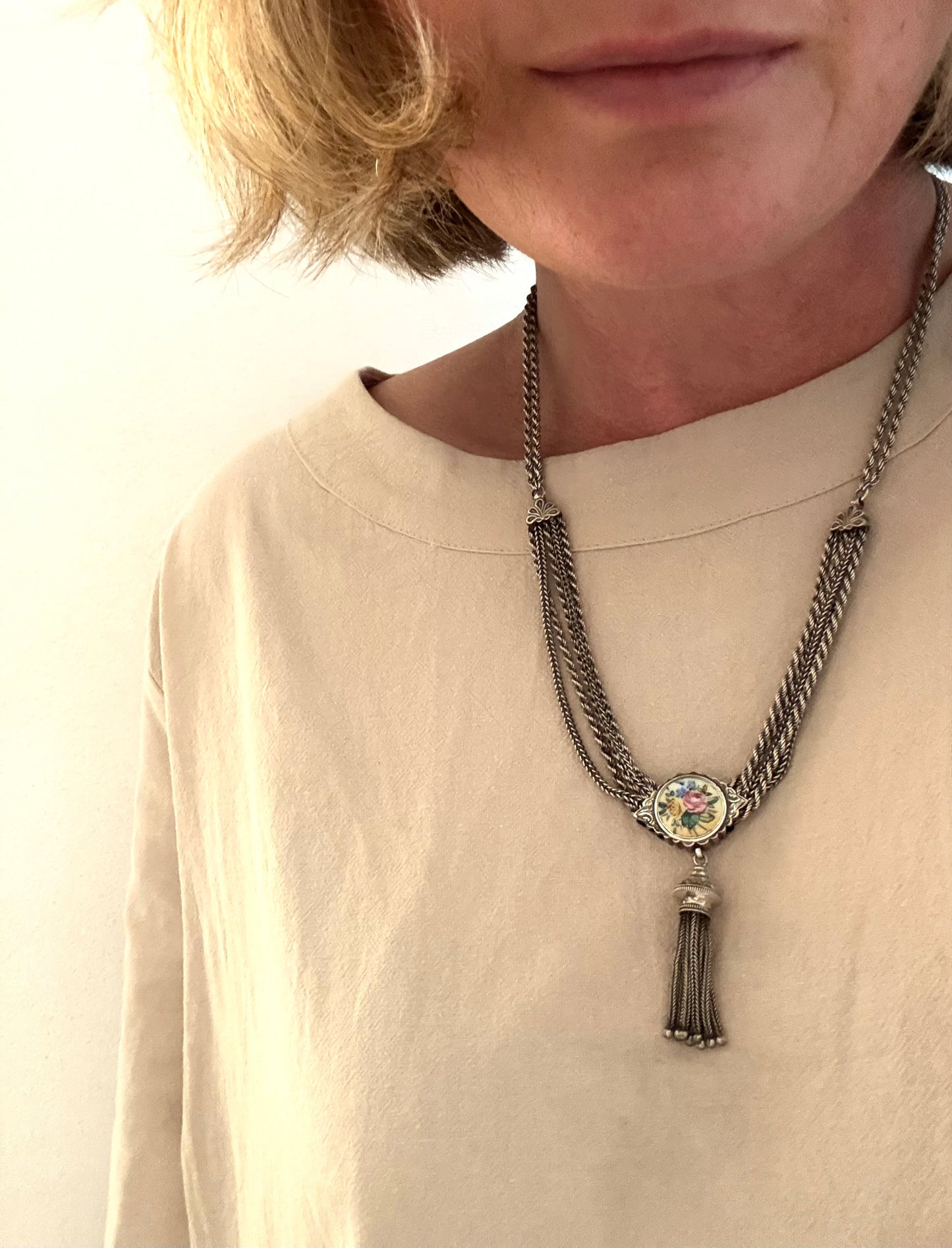 .1860s .1890s .925 antique Belle Epoque rare and fancy enamel slider Albertina multi chain necklace