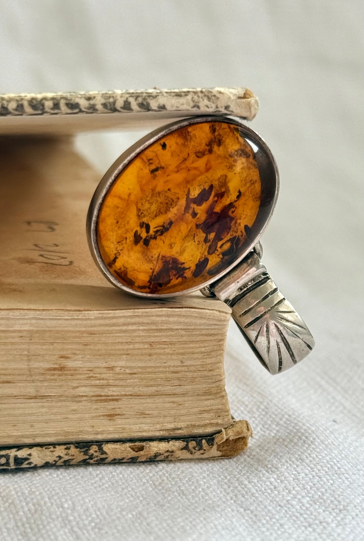 .925 Amber gemstone Artisan made modernist geometric shaped boho tribal style large Amber gemstone silver pendant
