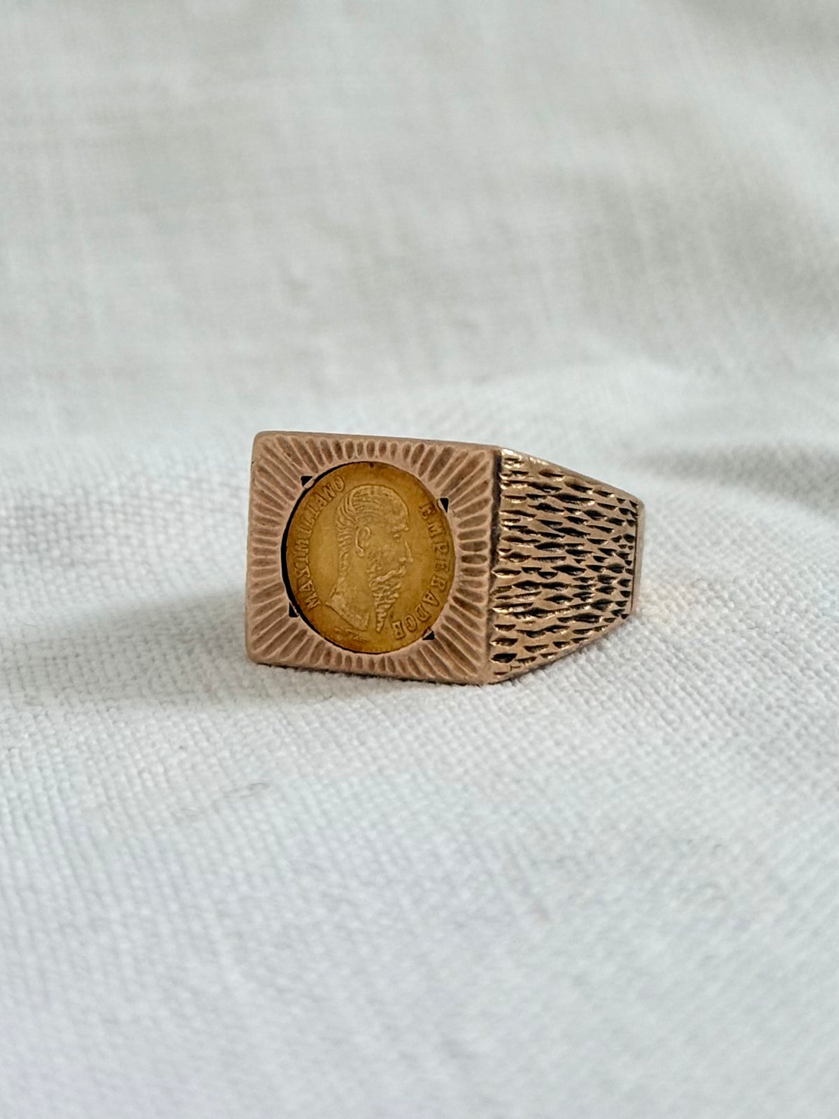 .1960s circa .1865 .375 .9ct gold modernist coin token ring with 22k Mexican circa 1865 high carat gold Emperor Maximiliano collectors coin token