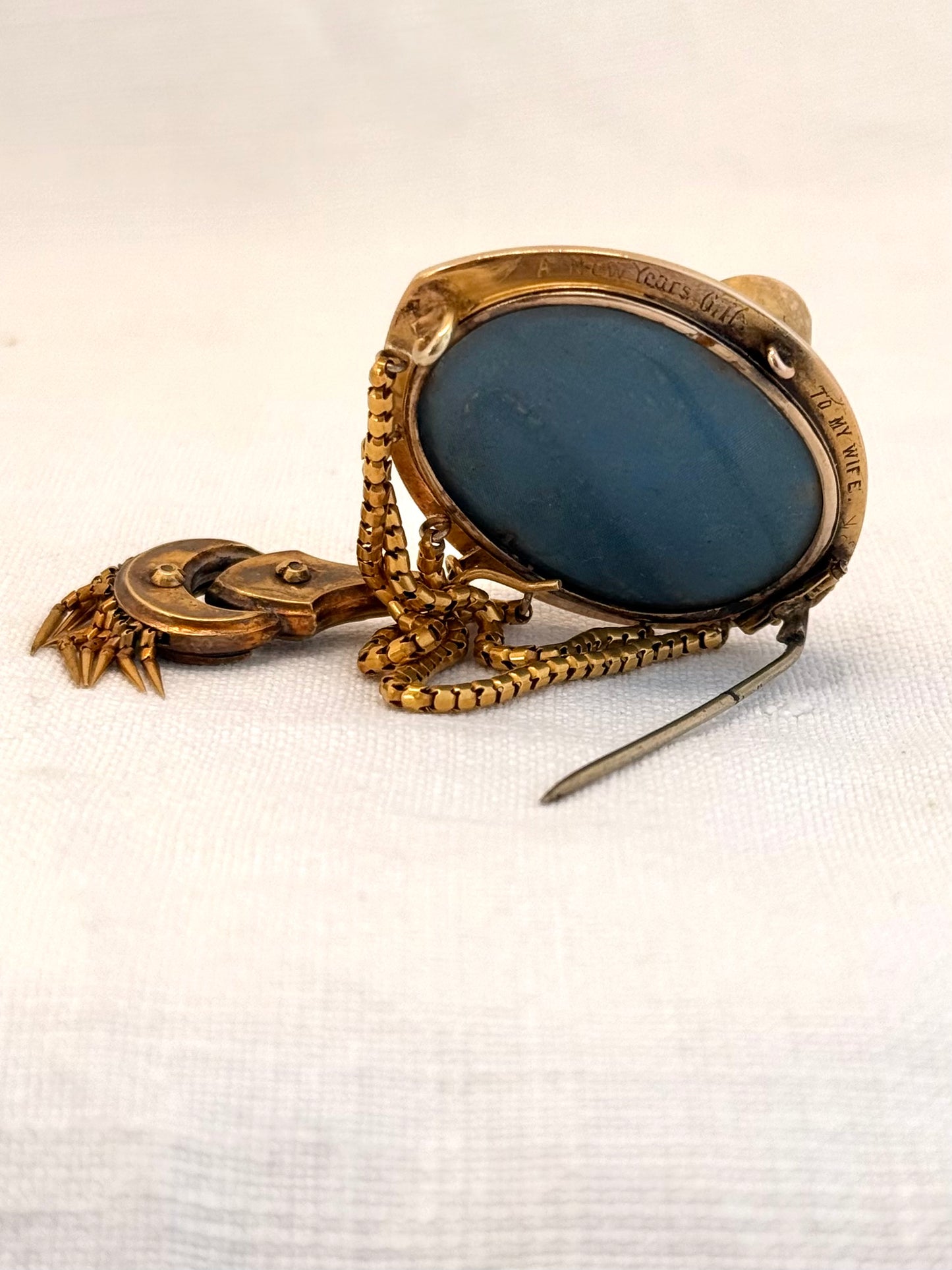 .1800s antique Etruscan revival high carat gold pearl royal blue enamel high carat gold tassel memorial Victorian rare heirloom navette shaped gold brooch