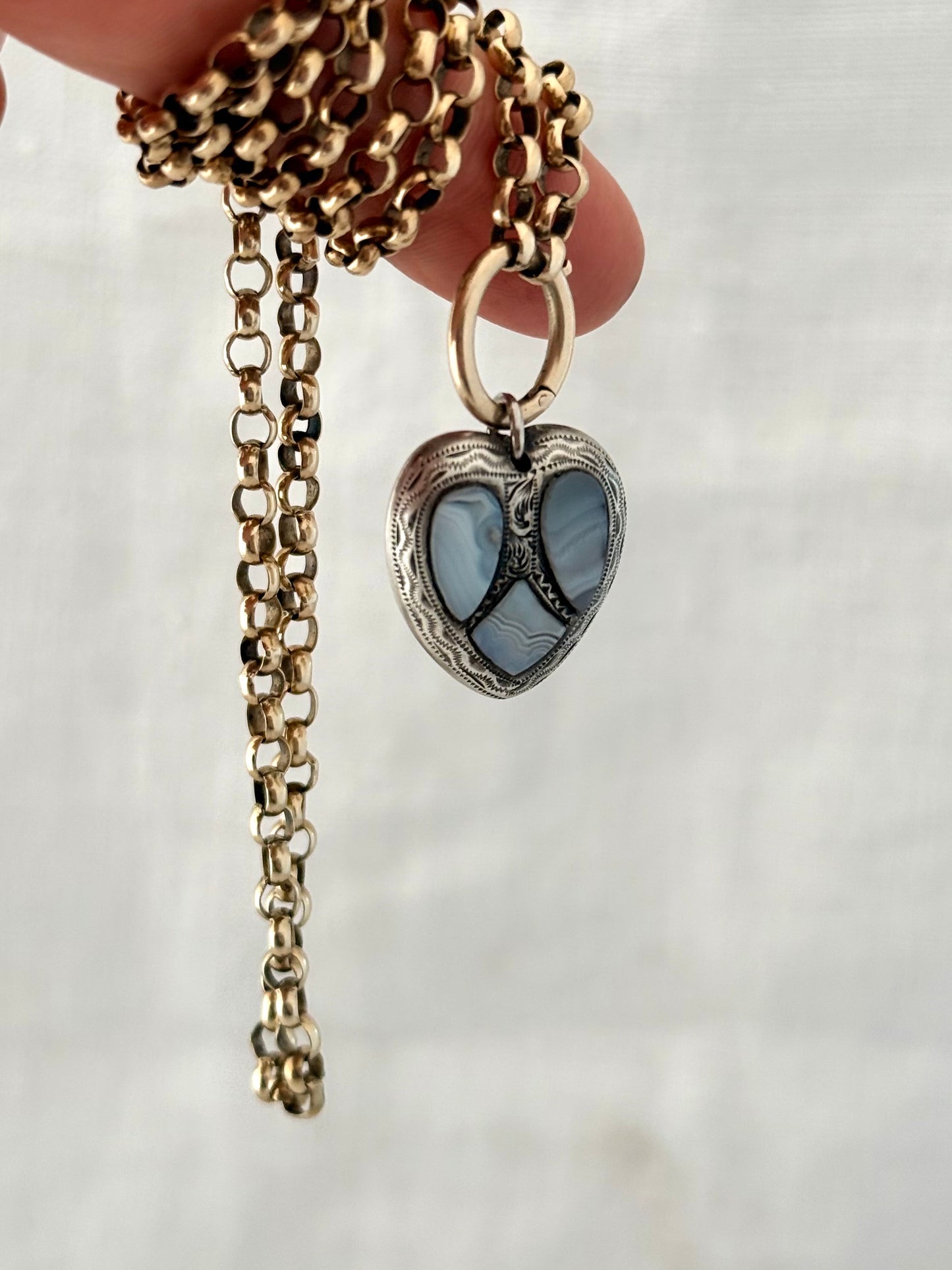 .1860s .1870s .925 antique Victorian lace agate puffy heart rare desirable pebble stone sweetheart love token pendant