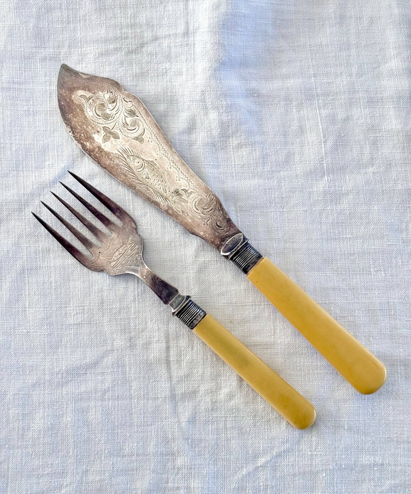 .1902 Antique Art Nouveau old world Fish Server Knife and Fork sterling silver and Silver Plated serving set