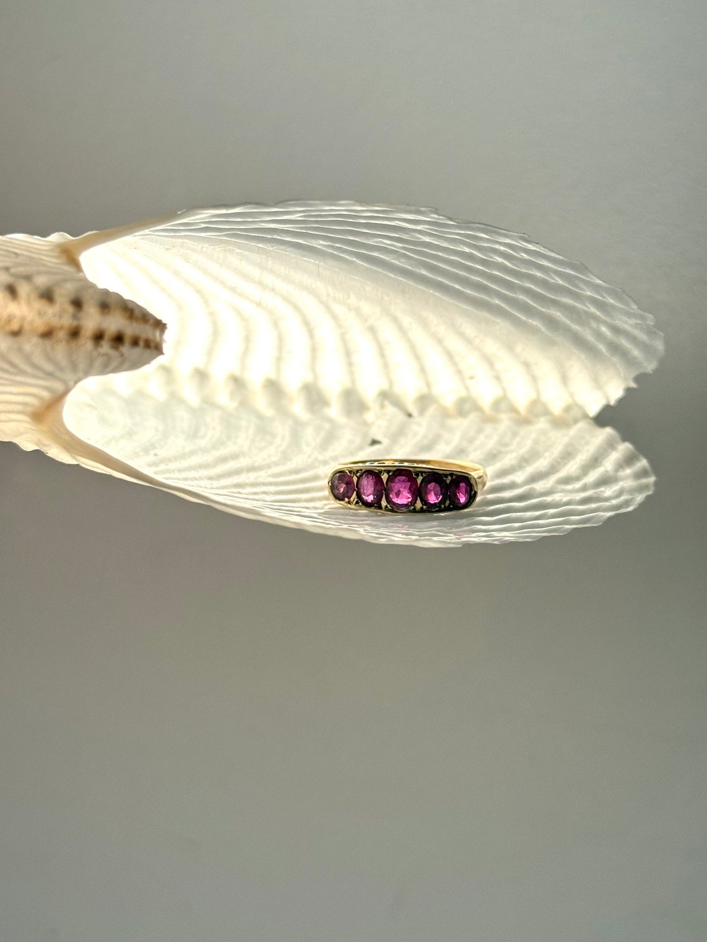 .14ct .1900s .1910s antique heirloom Pink Ruby 5 stone across Edwardian yellow gold half eternity boat ring dress ring