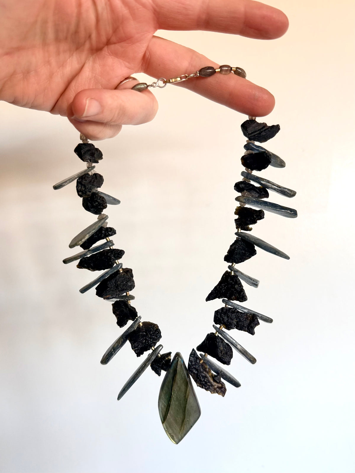 .925 artisan silver Blue kyanite crystals Labradorite abstract bib geological gemstone statement necklace
