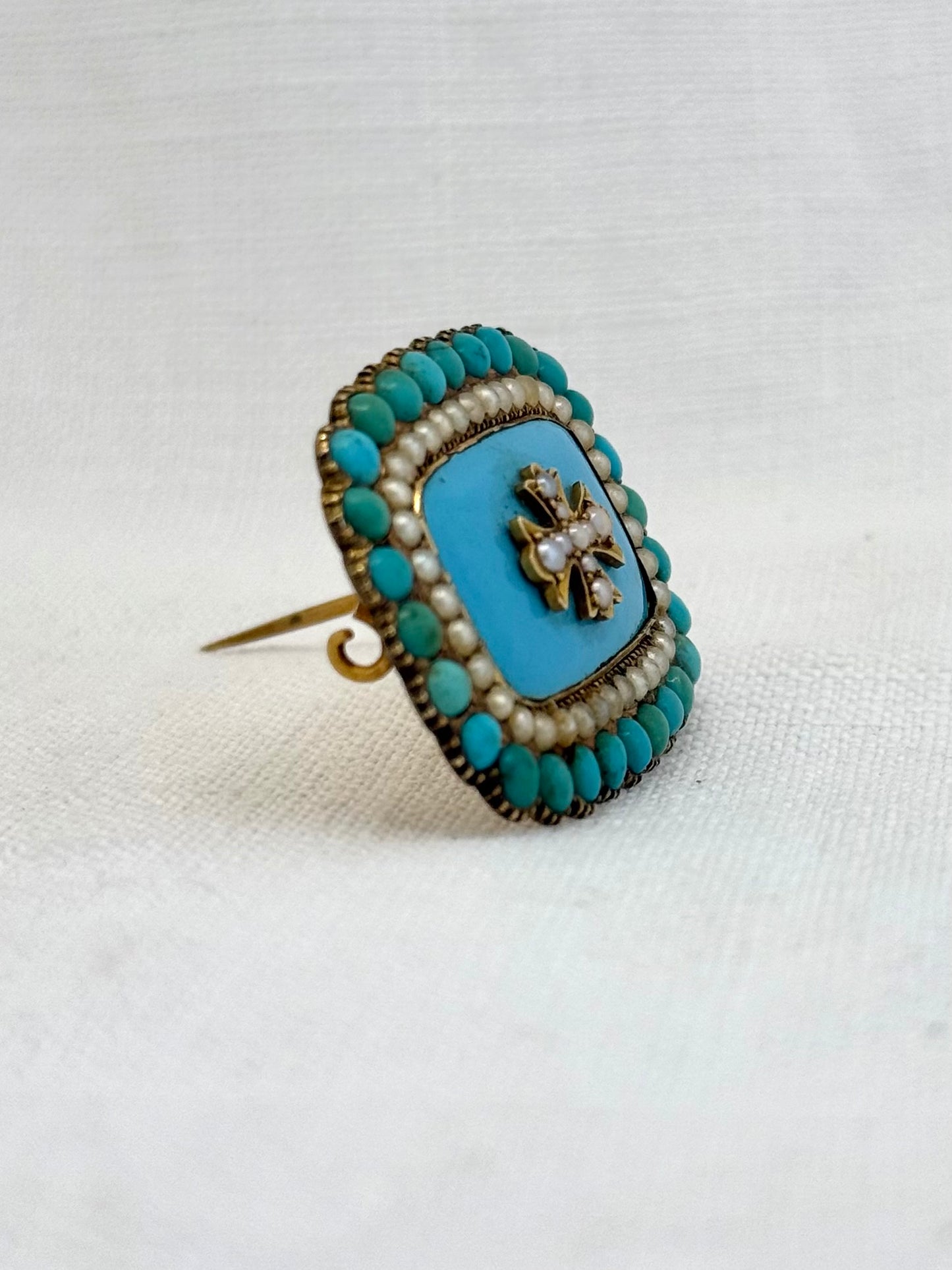 .15ct .1800s antique late Georgian early Victorian rare and magnificent Turquoise Pearl enamel high carat gold Maltese cross brooch pin