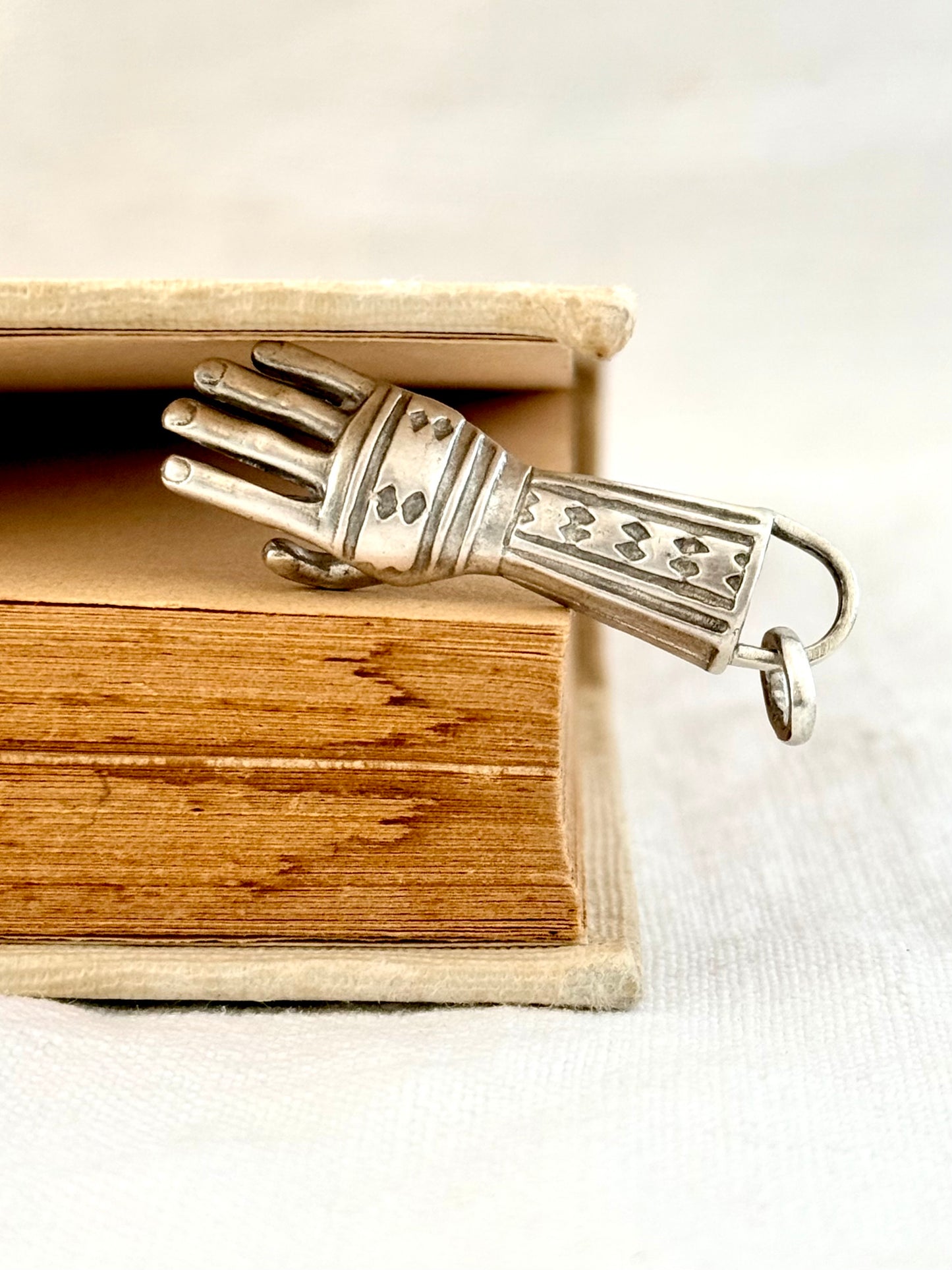 .925 artisan made large hand token good luck talisman token hand crafted sterling silver art token pendant