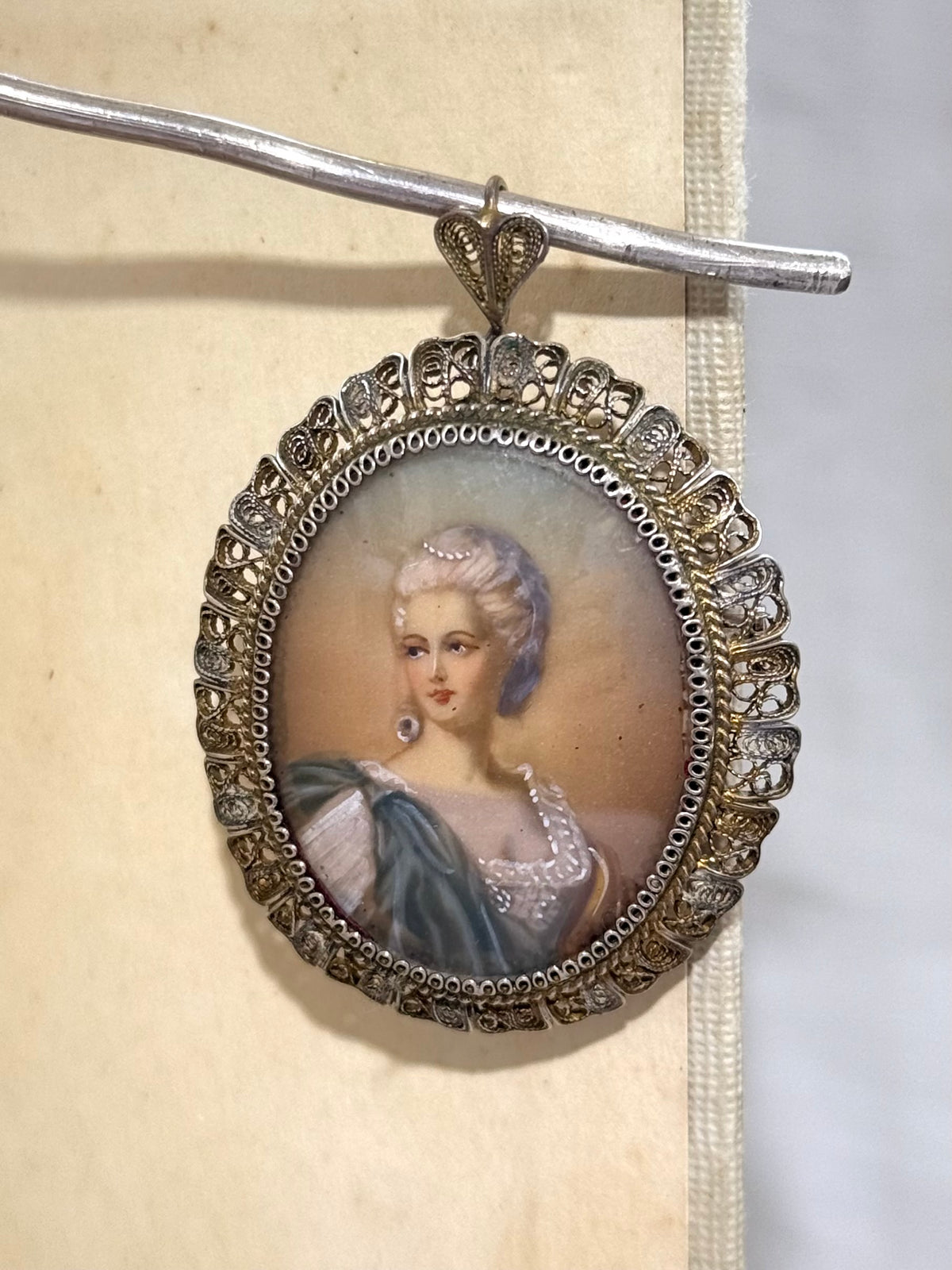 .1930s .1940s .800 Artist gold and silver incredible hand painted miniature Baroque revival portrait in fine silver filigree brooch and pendant