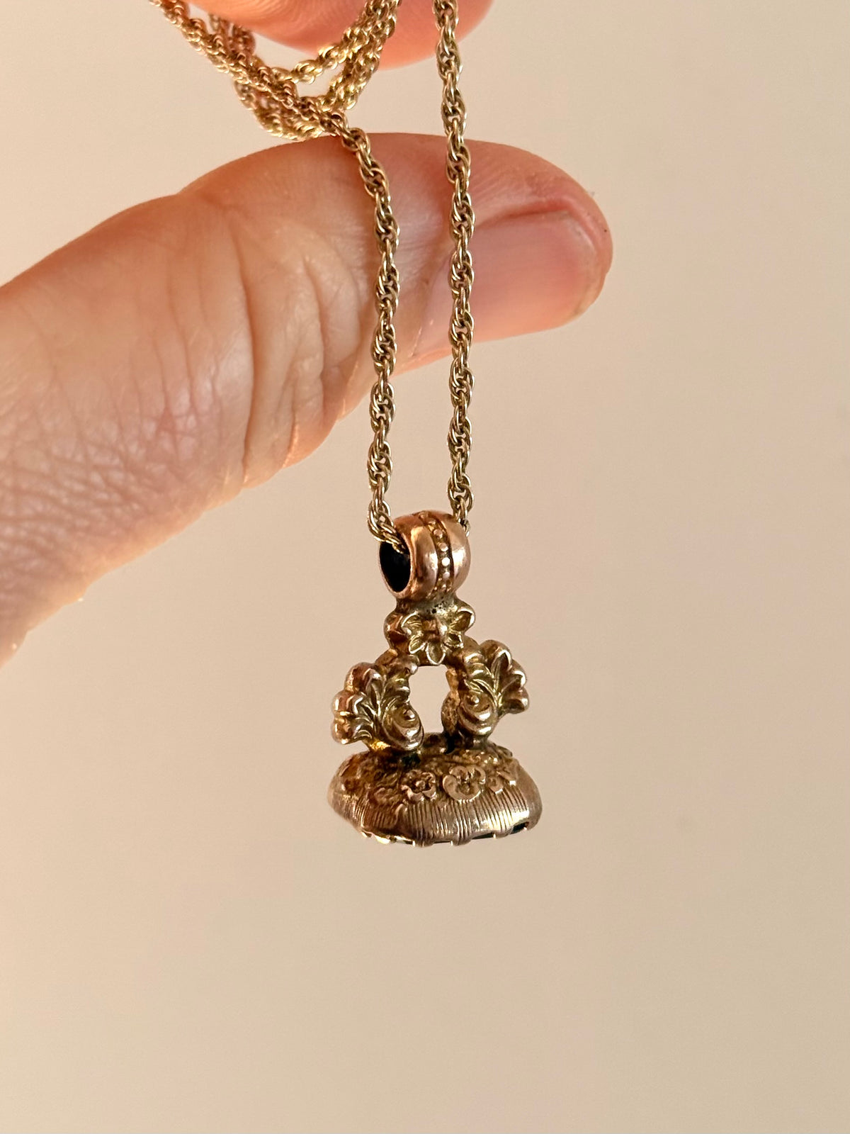 .1800s .1830s .375 .9ct antique Baroque revival Georgian hand carved solid rose gold “Sanah” engraved Onyx gemstone wax seal fob pendant