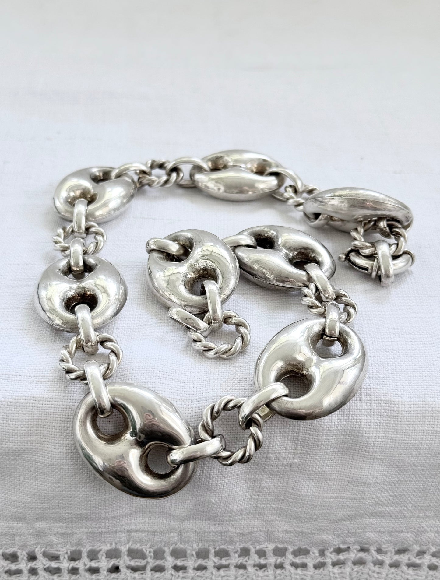 .1980s .1990s .925 Super Sized Chunky extra puffy gucci link mariners link sterling silver fancy twist link modernist oversized necklace