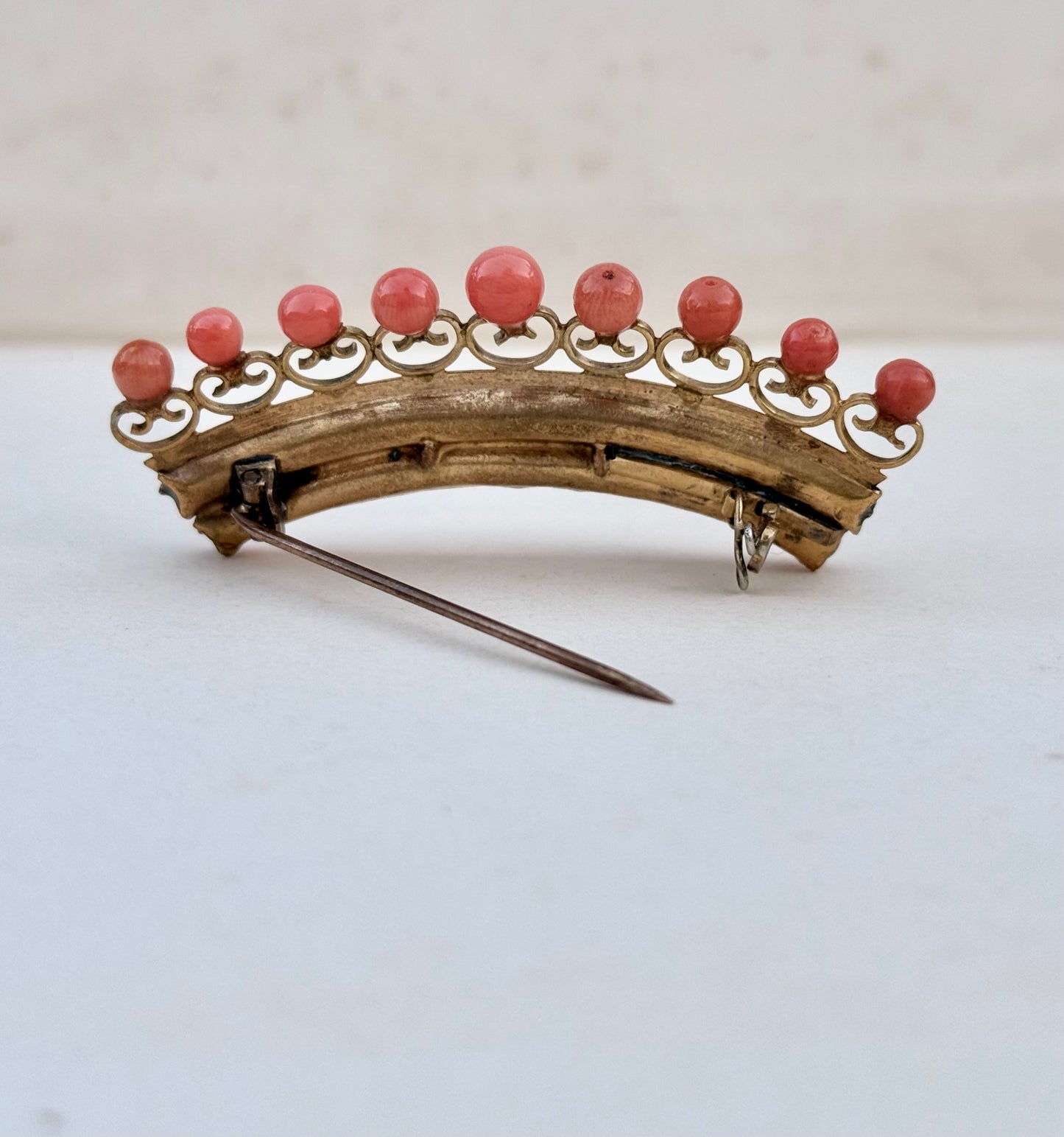 .1800s 19th century antique Salmon Coral Crown Tiara gold tone brooch pin