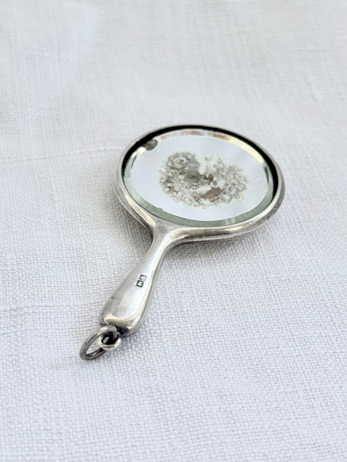 .1925 .925 antique Art Deco sterling silver mini chatelaine mirror hand painted butterfly wing miniature art micro chatelaine silver mirror pendant