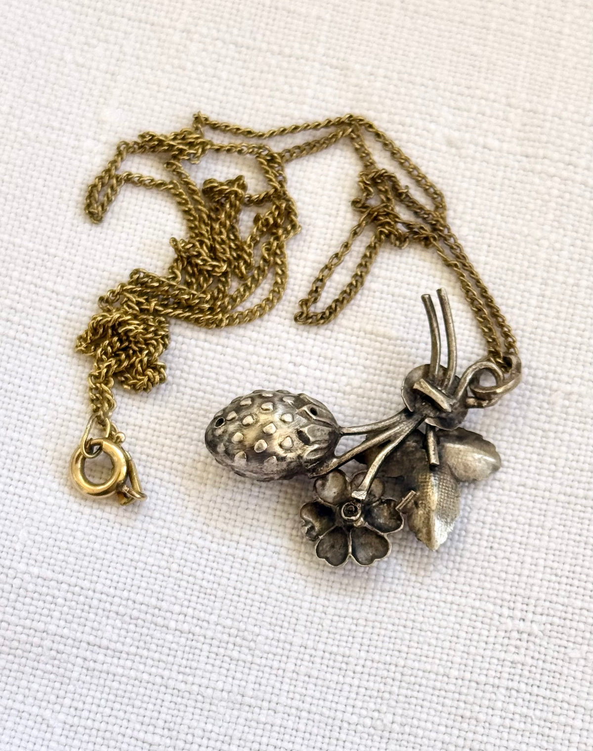 .1900s .1910s Art Nouveau French silver Strawberry and flower pendant and chain necklace