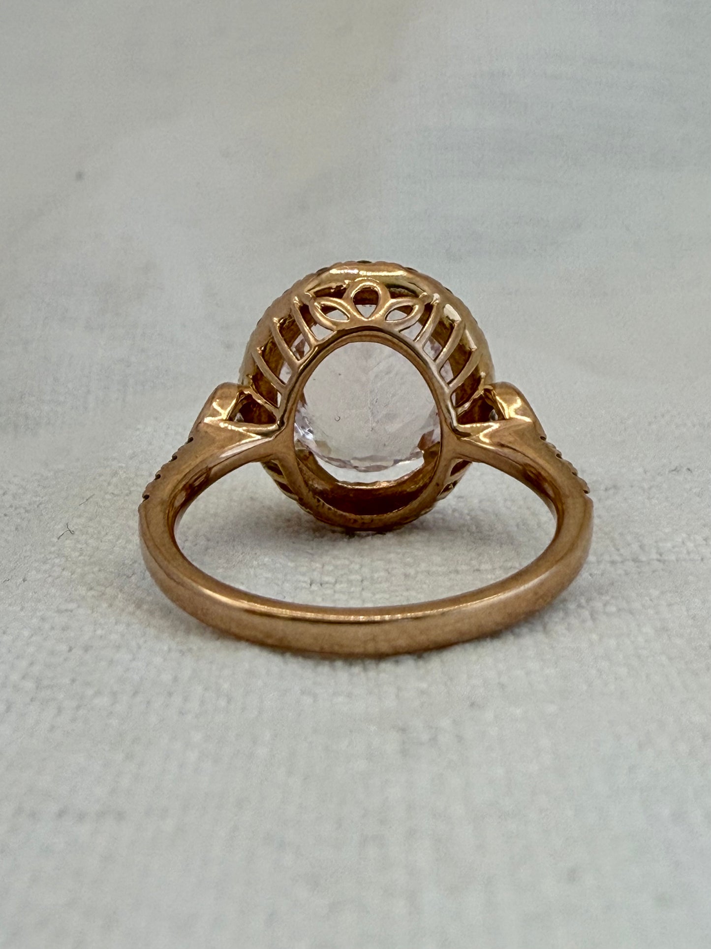 0.85ct 30 Diamond and Browns designer large Oval Pink Morganite gemstone 18ct luxury gold halo ring