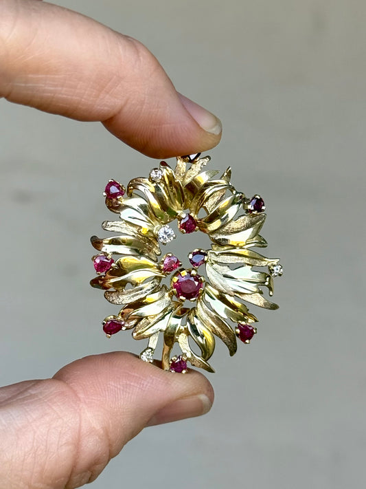 .1960s .1970s .375 gold modernist Diamond and Ruby gemstone heirloom Edelweiss flower spray brooch pin