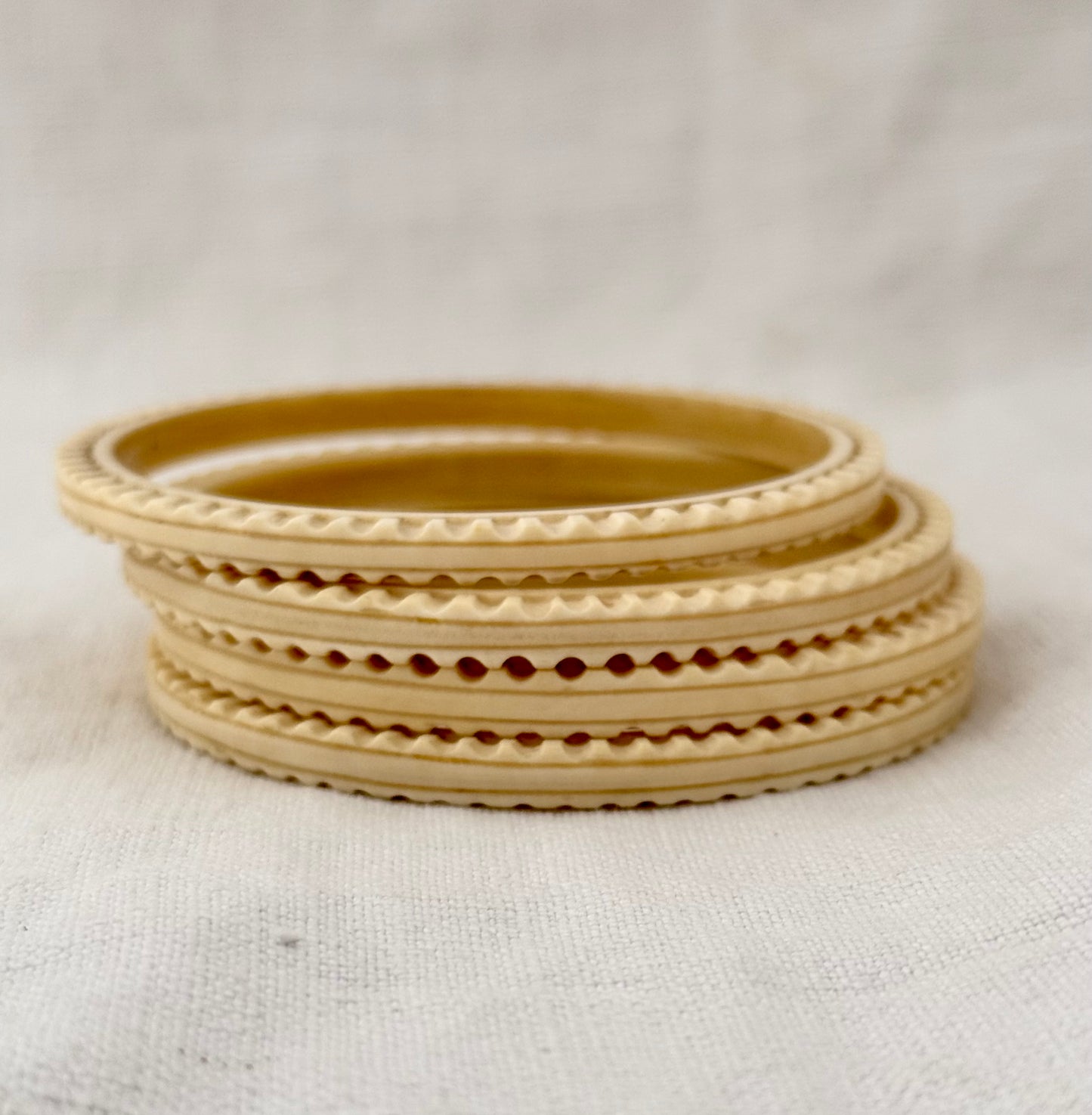 .1900s .1930s Arts & Crafts antique vintage stack of 4 pre ban ivory bone hand carved zig zag revival lot of 4 ivory stack bangles