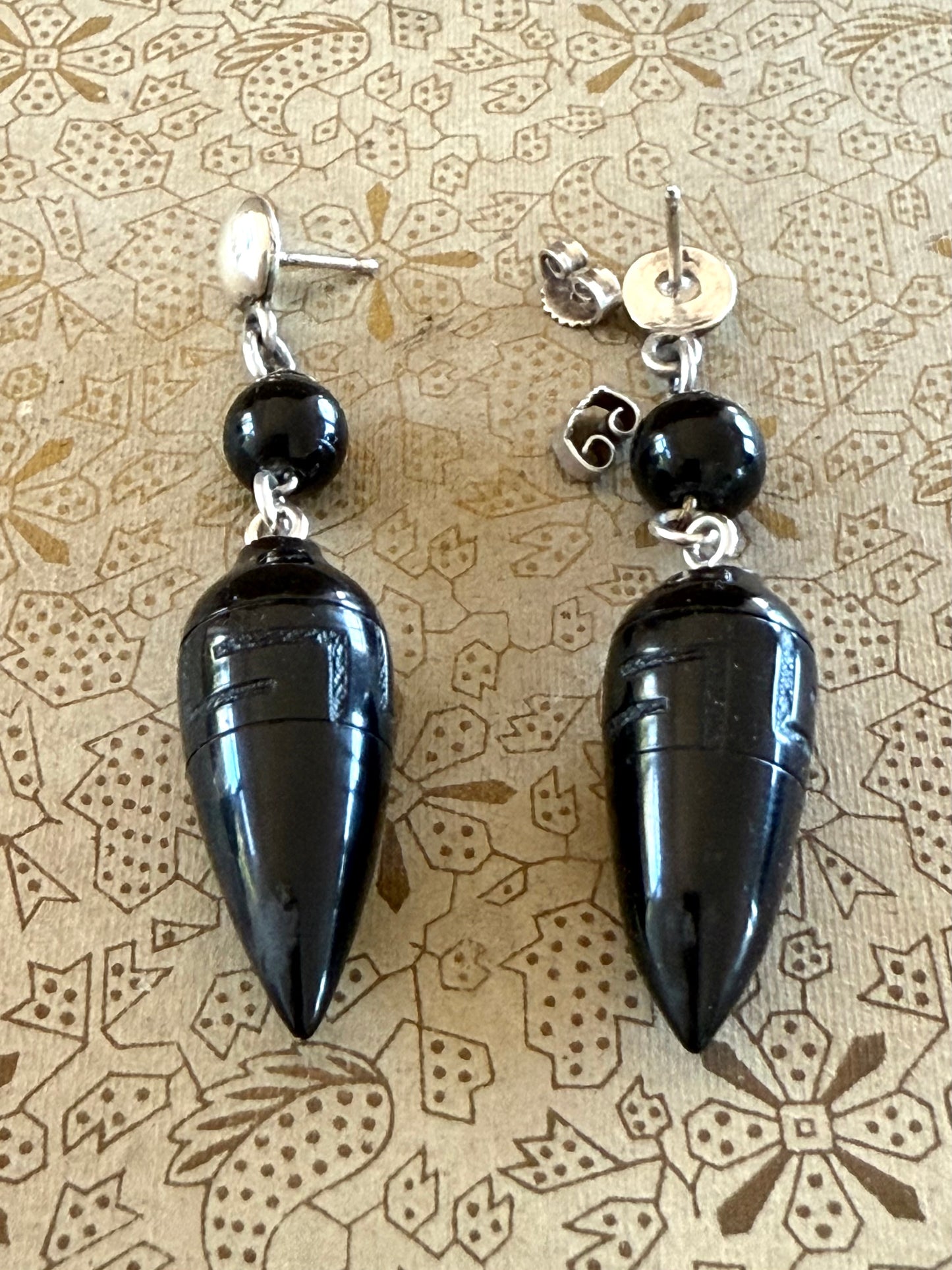 .1860s 835 silver Hellenistic revival Victorian Whitby Jet torpedo drop earrings