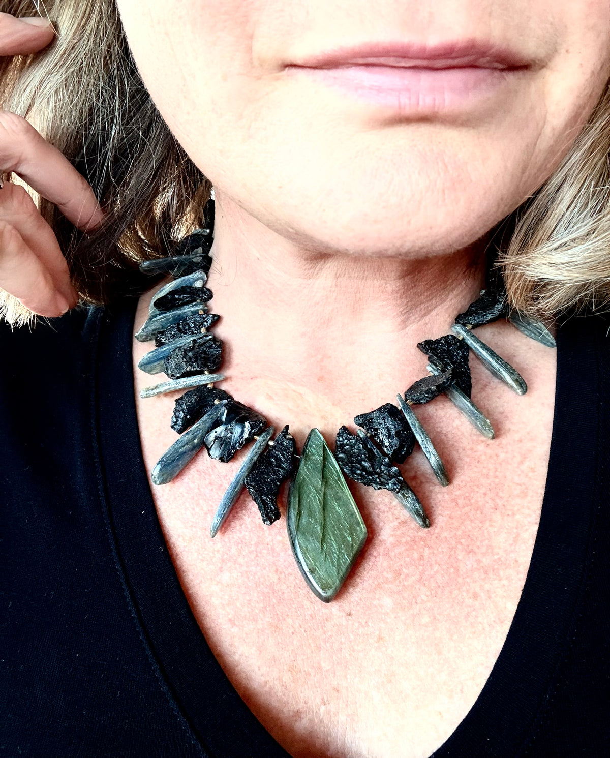 .925 artisan silver Blue kyanite crystals Labradorite abstract bib geological gemstone statement necklace