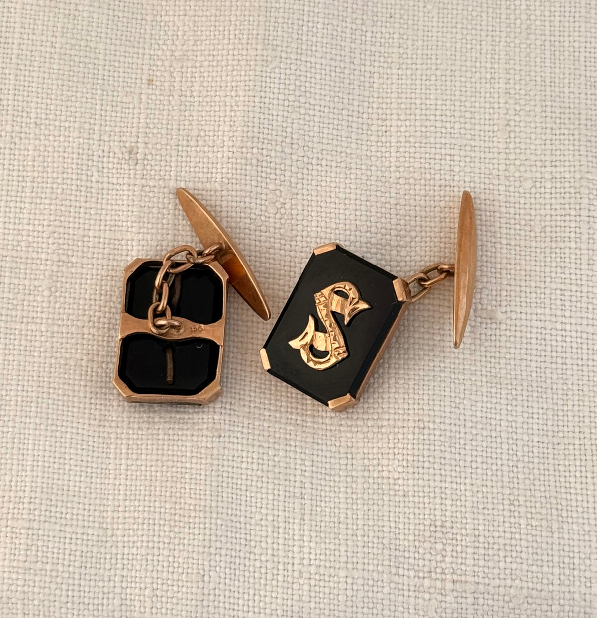 .1900s .1920s .375 .9ct Art Deco Rare antique Rose Gold and Onyx gemstone signet initial S & P cufflinks