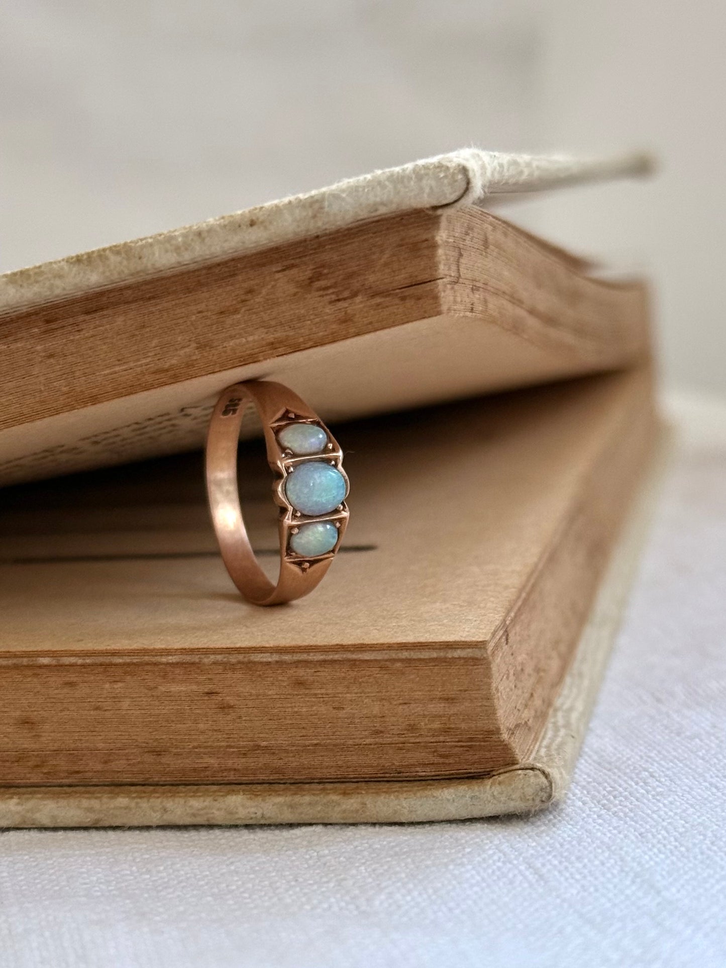 .14ct .1900s . 1920s .antique .3 opal antique Edwardian .585 marked rose gold architectural dress ring