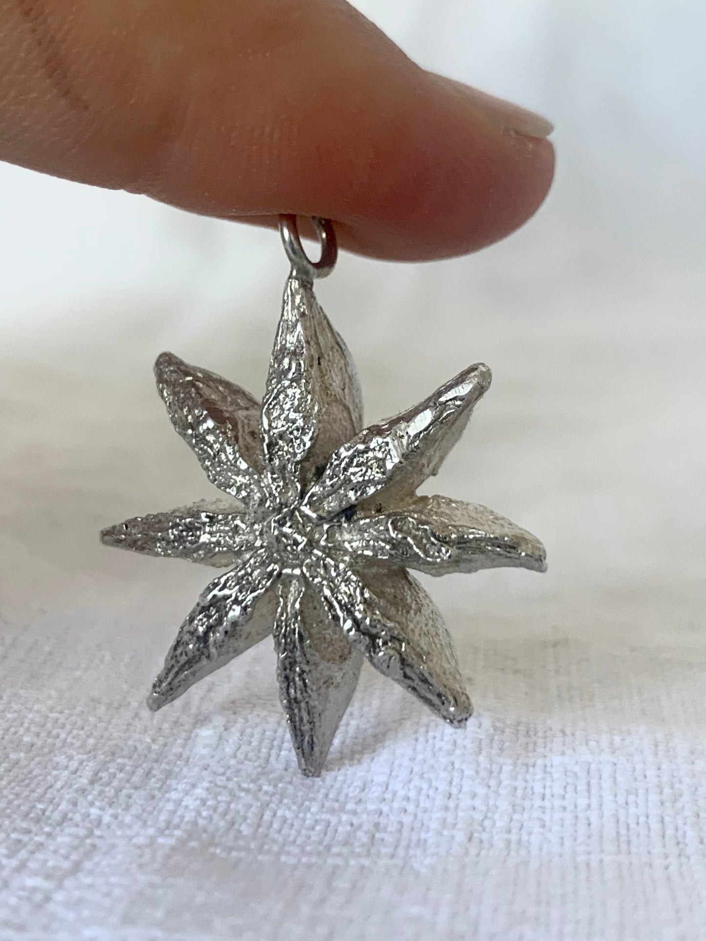 .925 artisan made Star Anise seed pod cast flower shape silver pendant