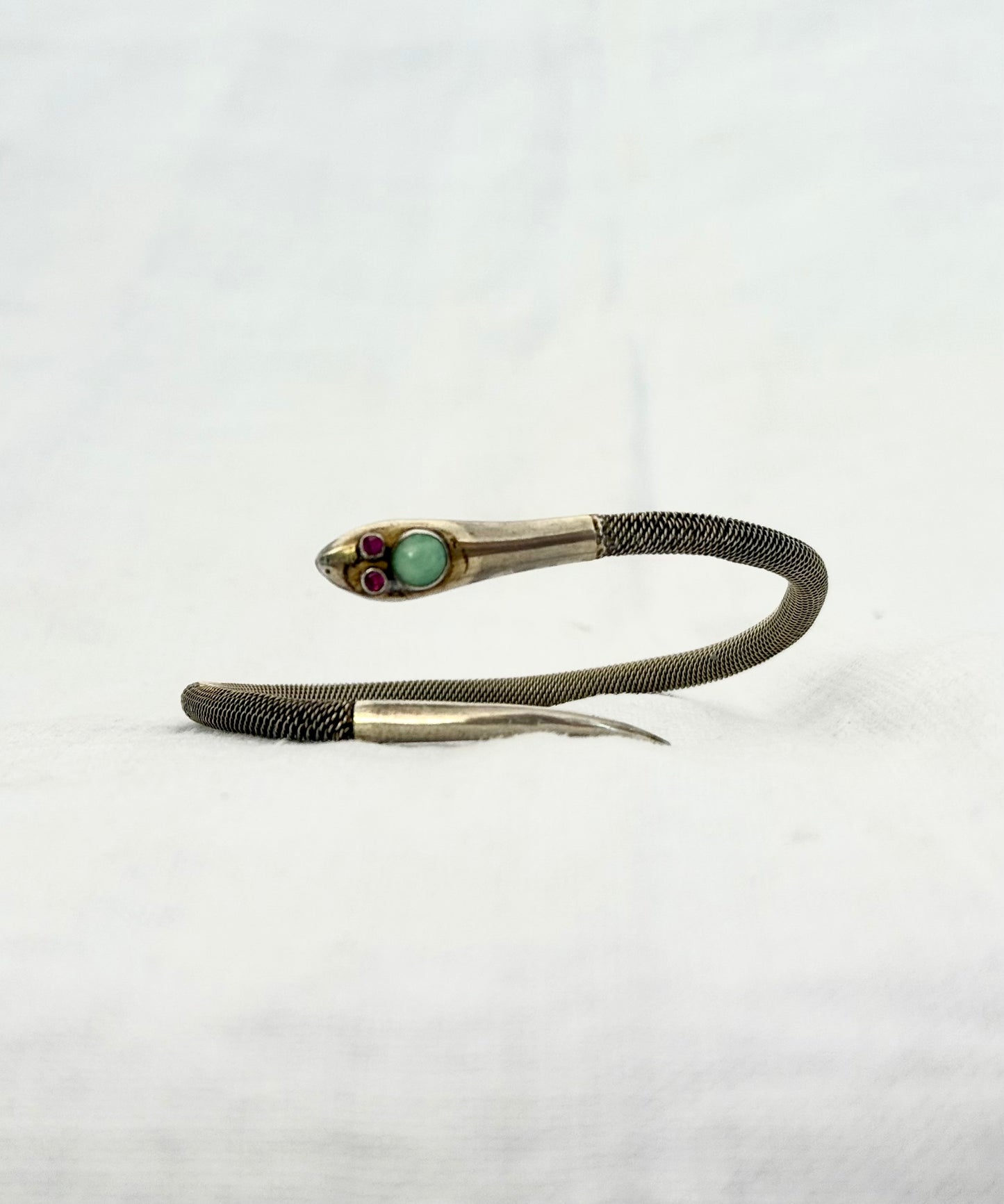 .1920s .1930s antique Victorian revival silver Snake Serpent and Chrysoprase Ruby gemstone head bangle