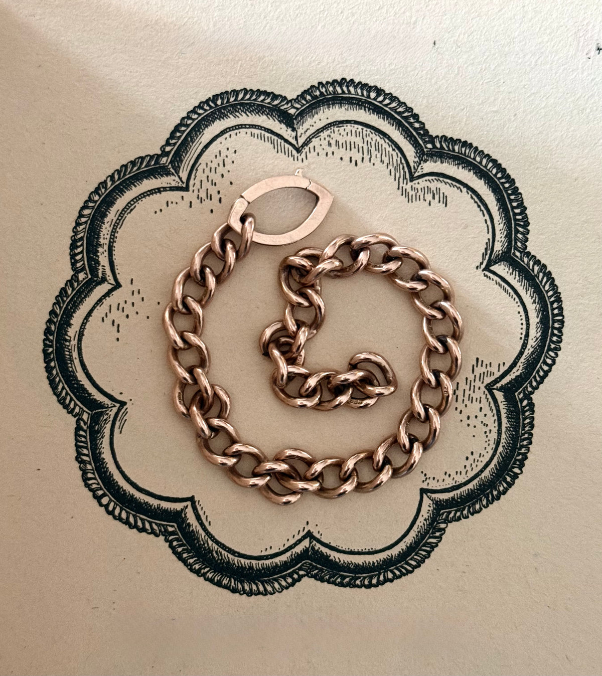 .375 .9ct heirloom classic solid rose gold hallmarked fob chain curb chain bracelet extension chain