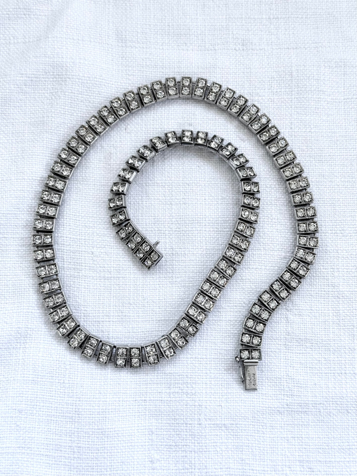 .1930s .1940s .925 Art Deco style double paste stone tennis style sterling silver choker necklace