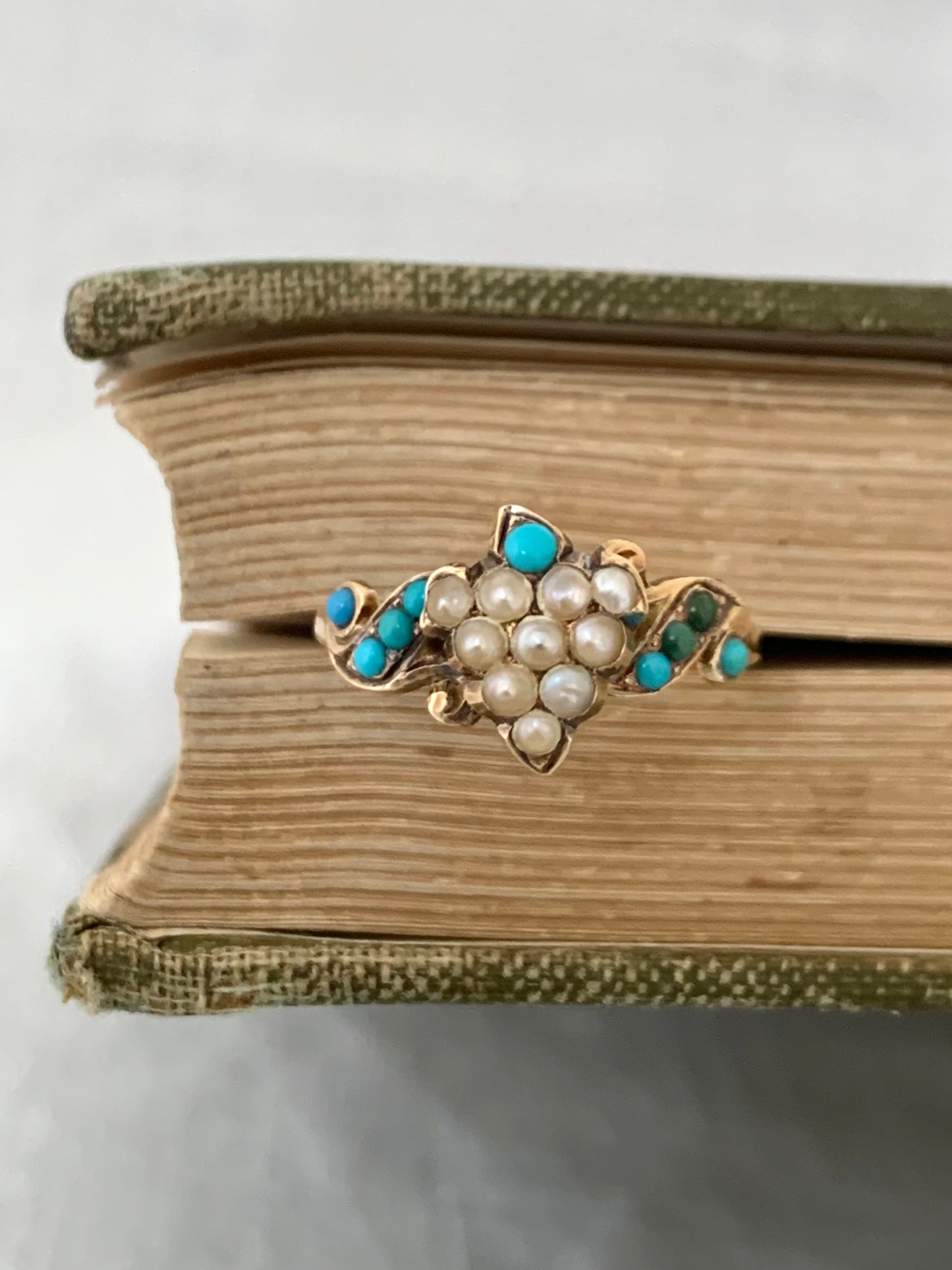 .1890s .1900s .375 .9ct antique buttery gold turquoise seed pearl grecian grape leaf Victorian gold sweetheart symbolic memory treasure ring