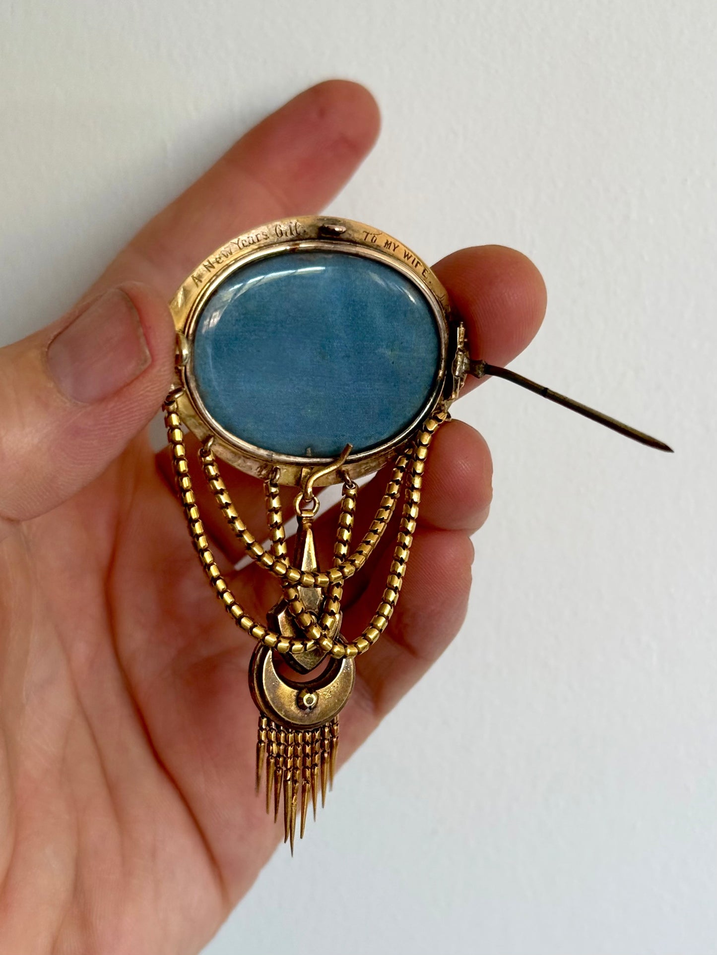 .1800s antique Etruscan revival high carat gold pearl royal blue enamel high carat gold tassel memorial Victorian rare heirloom navette shaped gold brooch