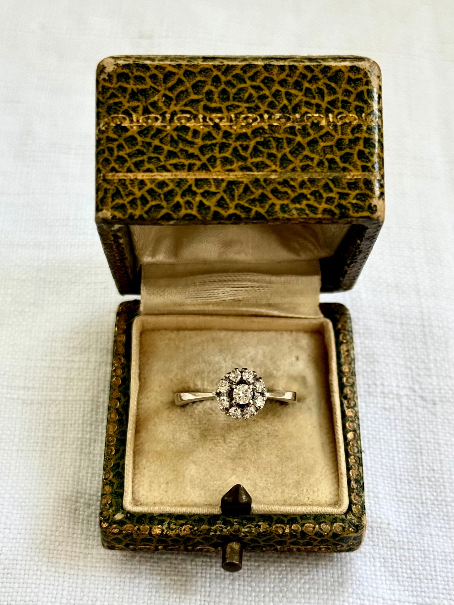 .18ct .1950s .1970s .9 diamond .750 white gold Diamond cluster flower floret halo diamond heirloom diamond gold commitment ring engagement ring