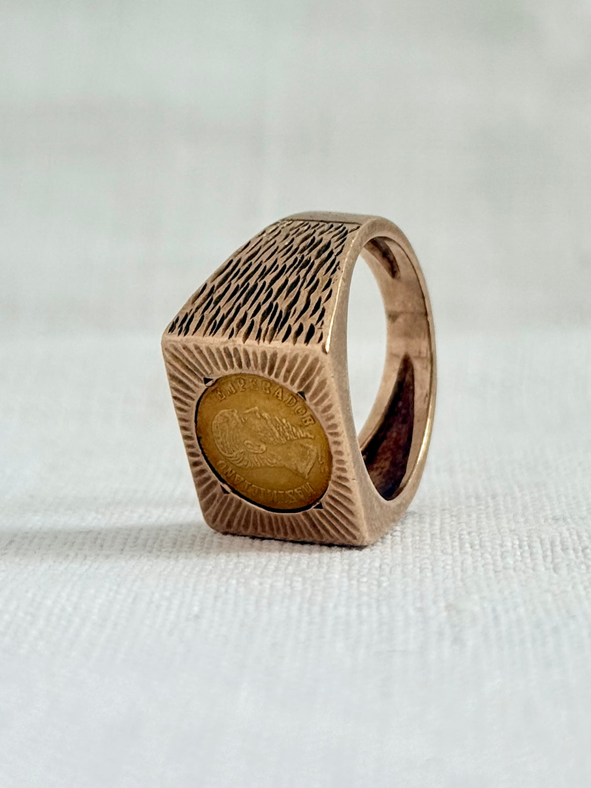.1960s circa .1865 .375 .9ct gold modernist coin token ring with 22k Mexican circa 1865 high carat gold Emperor Maximiliano collectors coin token
