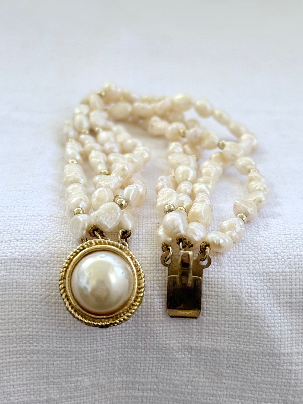 .4 strand .925 silver Gold Plated freshwater rice pearl multi strand vintage 1970s style pearl bracelet