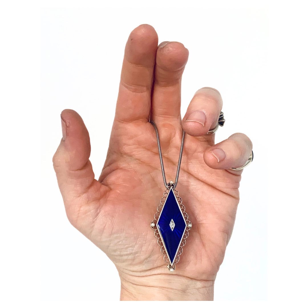 .585 14ct 1900s antique 3 diamond 4 pearl celestial star Art Nouveau Edwardian royal blue guilloché enamel, diamonds, pearl collectors item rare treasured brooch