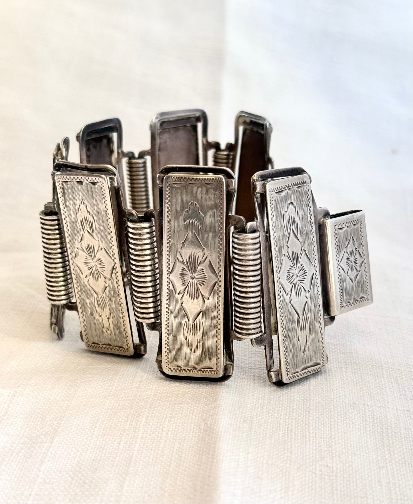 .1880s .1890s .925 Aesthetic Victorian era wide link and solid silver etched panel bracelet