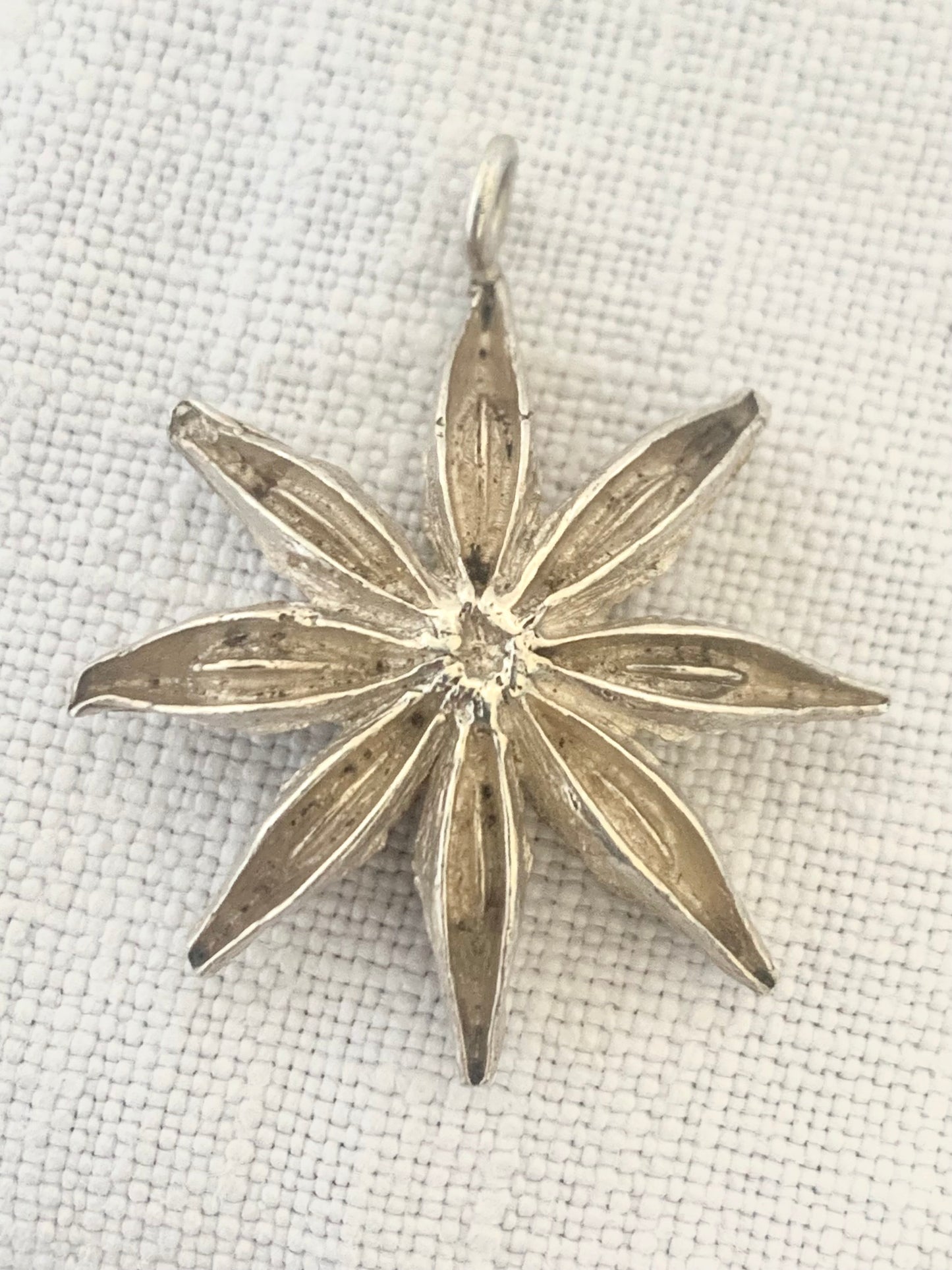 .925 artisan made Star Anise seed pod cast flower shape silver pendant