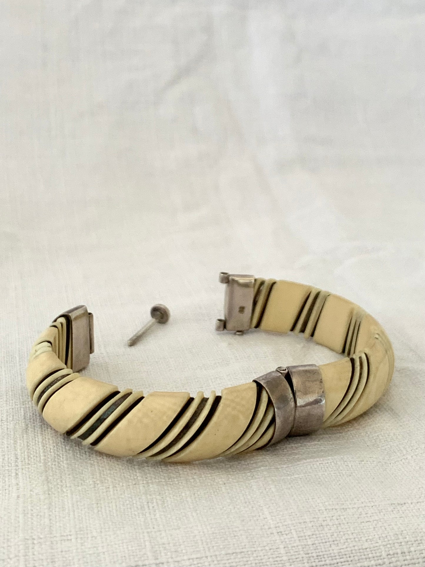 .925 1960s 1970s pre ban ivory bone sterling silver wire and elephant hair wrapped clasp bangle
