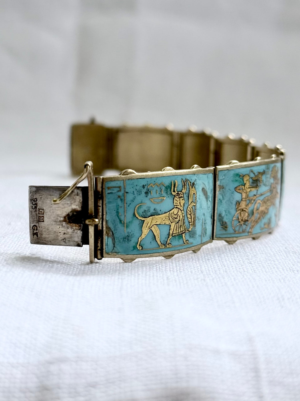 .1920s .935 Egyptian silver rare desired Egyptian revival gold gilded turquoise enamel 6 panel pictorial Pharaoh Egyptology enamel silver gold bracelet