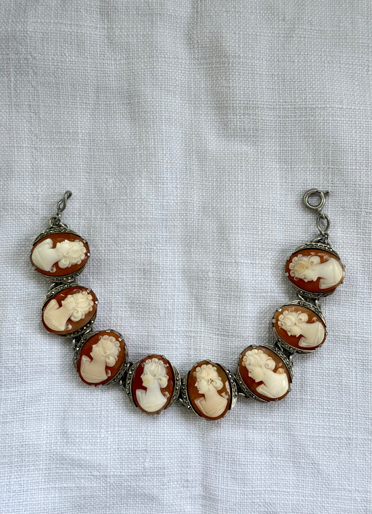 .1930s .1940s .925 artisan made fine multi cameo hand carved panel link collector fine silver bracelet