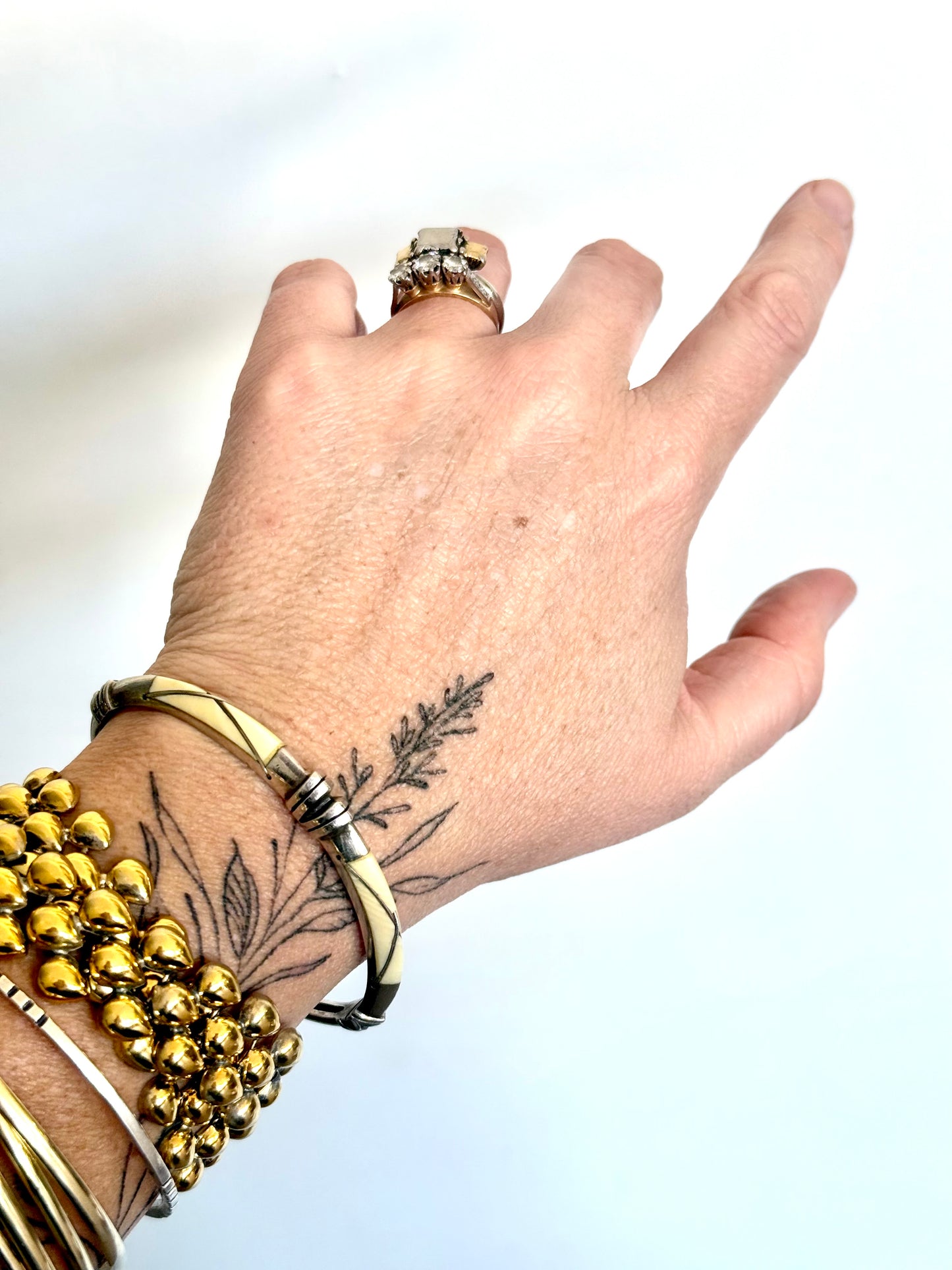 .1940s .1950s .925 modernist silver and ivory inlay tribal style MCM designer clasp bangle