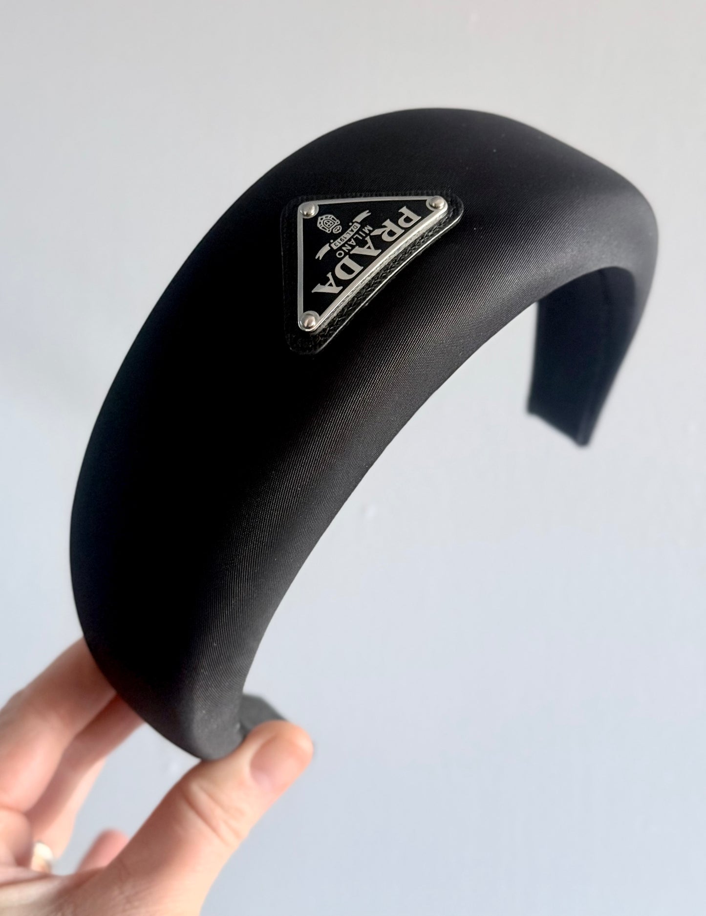 .1990s .2000s designer PRADA black hair accessory Triangle logo RE-NYLON oversized puffy headband