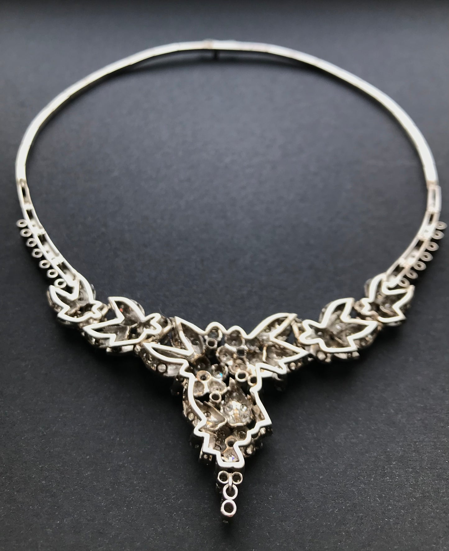 .165 diamonds .1920s 9 carat white gold diamond waterfall floral flower drop bib wedding bridal necklace