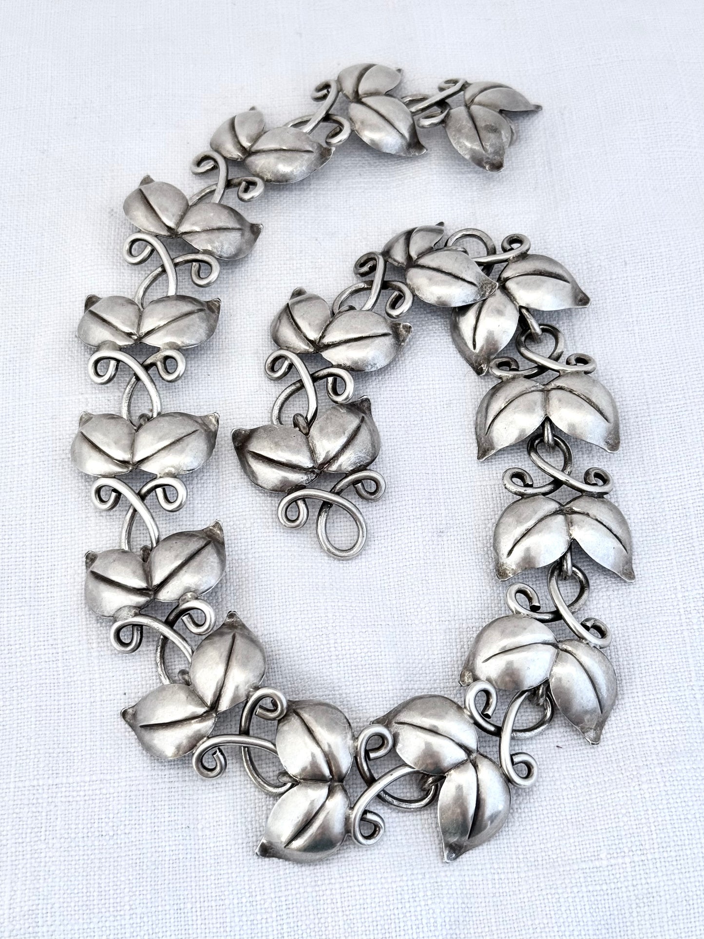 .1946 .925 designer mid century modern double leaf solid sterling silver modernist Scandinavian Swedish Haglund designer heirloom statement necklace