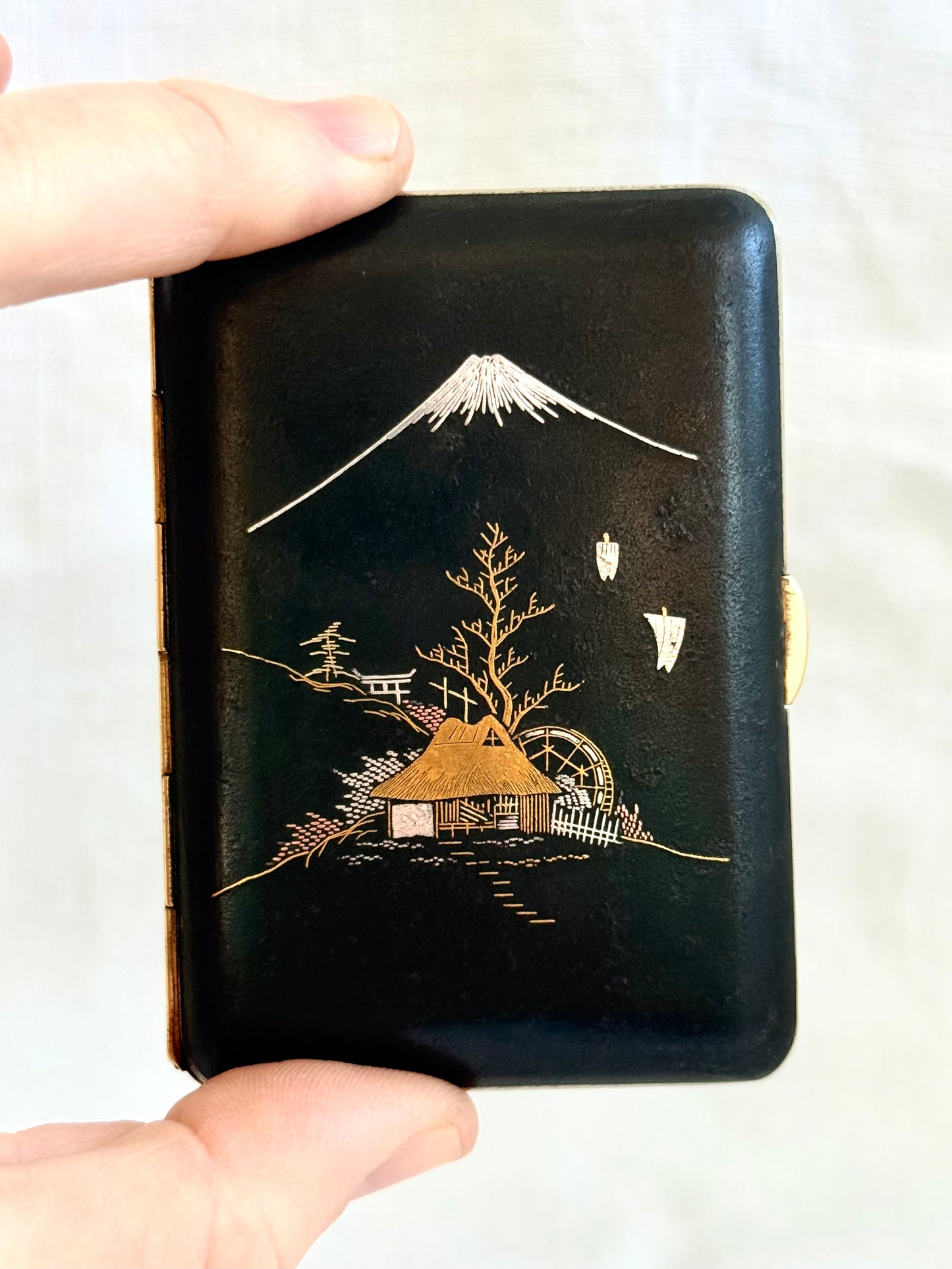 .1930s .1940s .24k gold collectors Japanese craft-man studio made Damascene mixed metal inlay oriental treasure cigarette trinket case