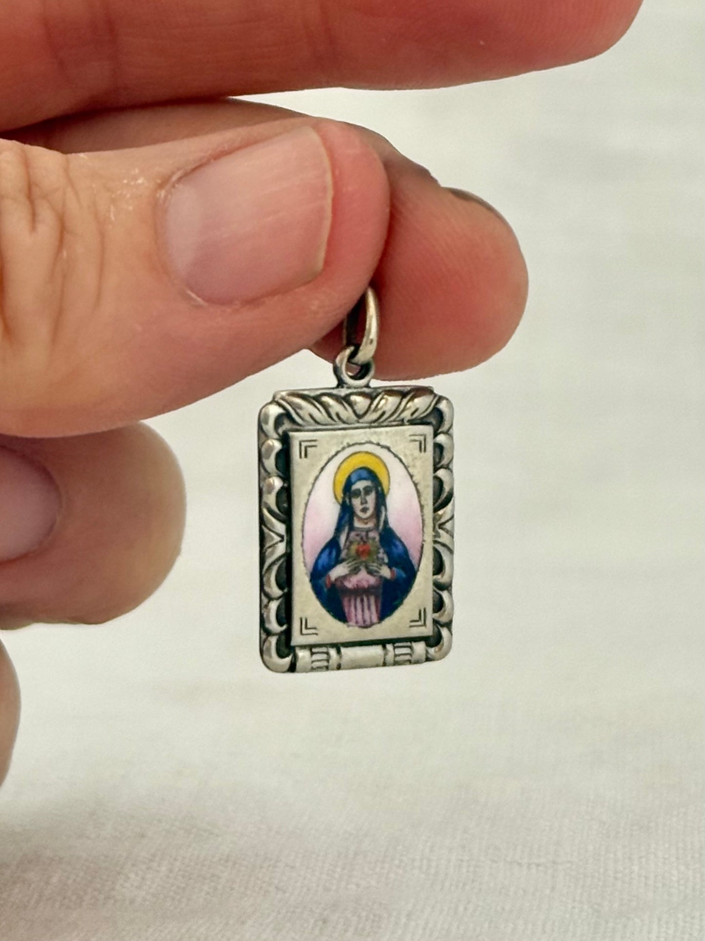.1930s Mother Mary vintage enamel religious pendant