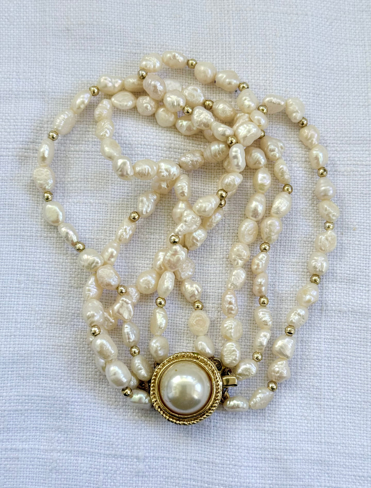.4 strand .925 silver Gold Plated freshwater rice pearl multi strand vintage 1970s style pearl bracelet