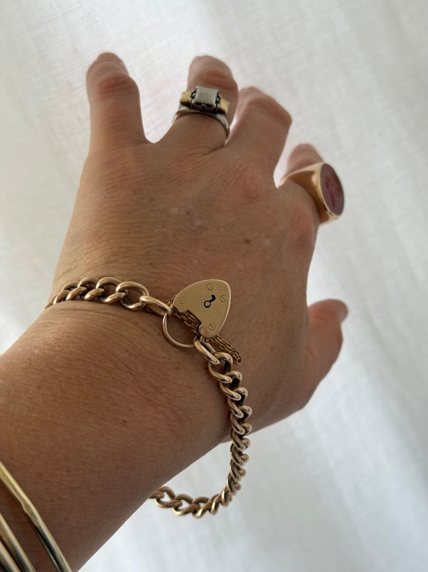 .10ct .417 solid gold 8mm chunky wide curb chain and oversized heart padlock heirloom heavy rose gold bracelet