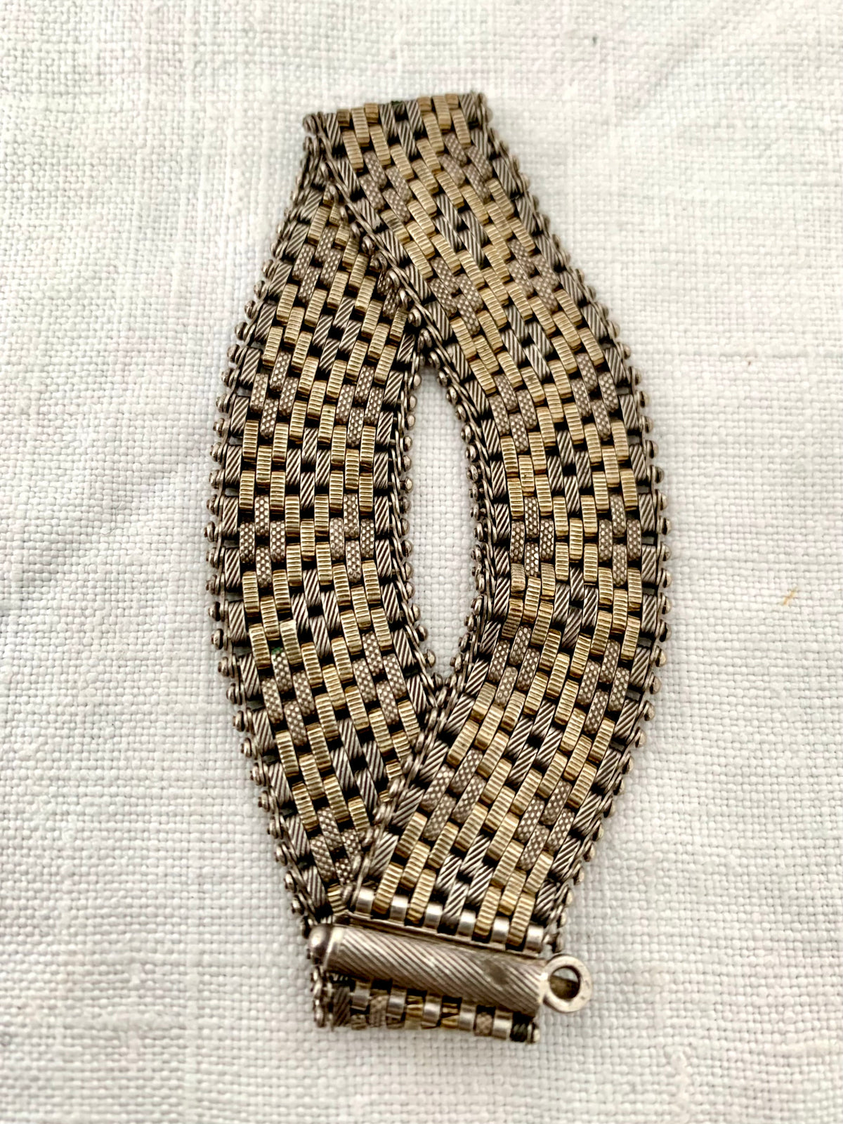 .1890s .1900s .925 antique Victorian fancy form gold fill and silver track mesh bracelet