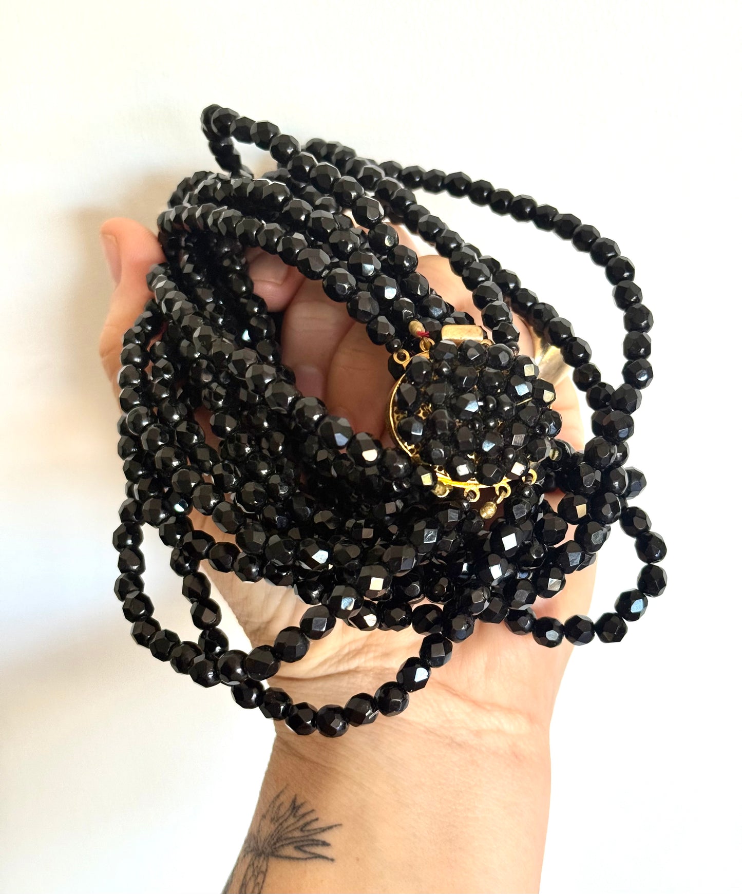 .1940s 1950s .5 strand .96cm long glamorous jet black faceted glass bead multi strand long cocktail necklace