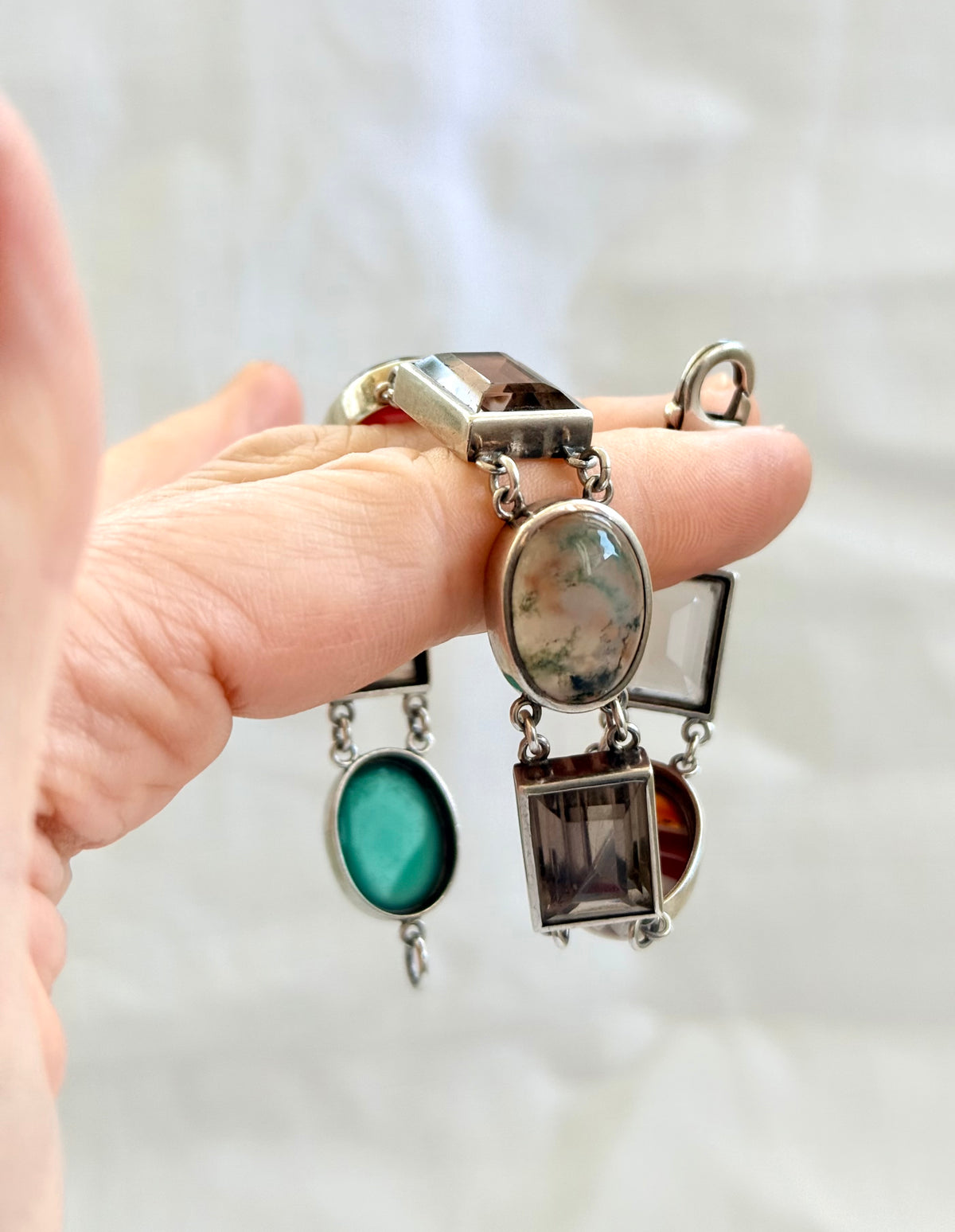 .1990s .2000s .8 stone .925 silver chunky statement artisan made Modernist gemstone links segment bracelet